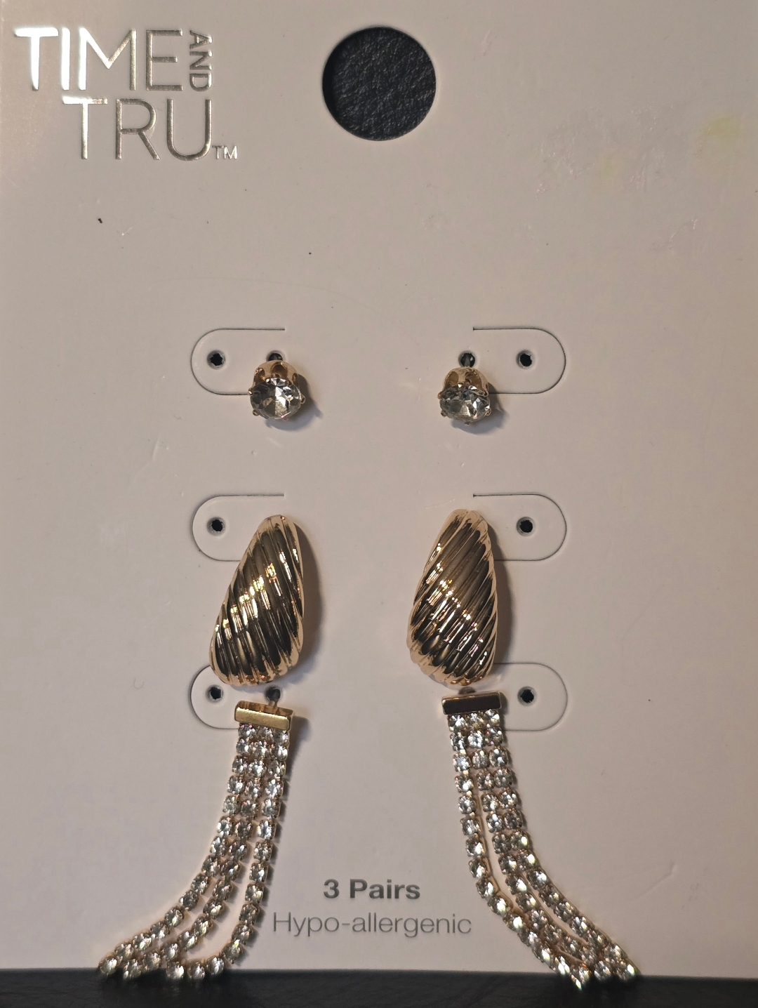 Time And Tru Gold And Clear Crystal Tassel & Stud Earring Set - 3 Pairs